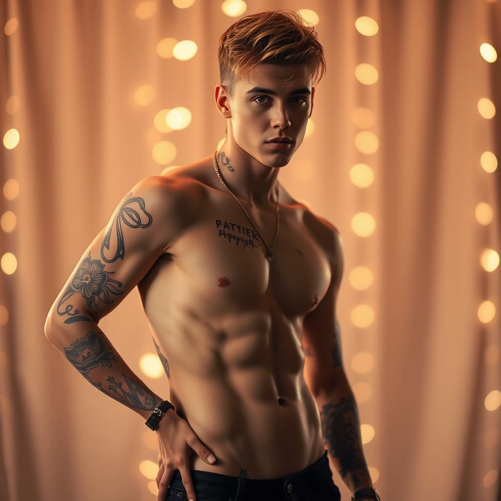 A semi-artistic portrayal of a male figure inspired by Justin Bieber, posed in a confident manner