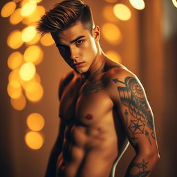 A semi-artistic portrayal of a male figure inspired by Justin Bieber, posed in a confident manner