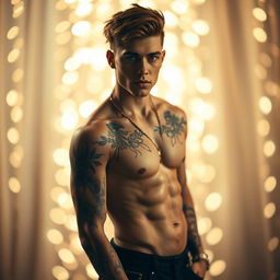 A semi-artistic portrayal of a male figure inspired by Justin Bieber, posed in a confident manner