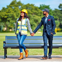 A Sri Lankan couple walking hand in hand on a bench, gazing lovingly at each other