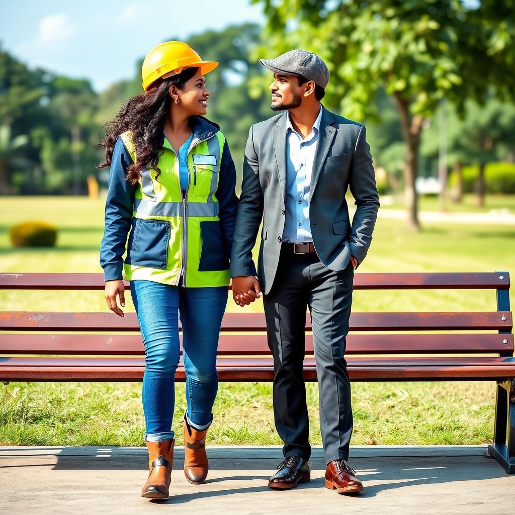 A Sri Lankan couple walking hand in hand on a bench, gazing lovingly at each other