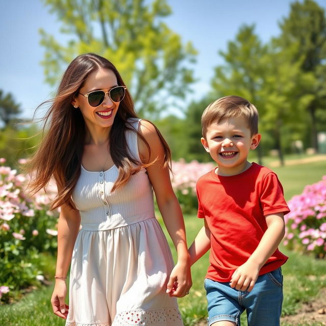 A warm and affectionate scene depicting a mother and son enjoying a sunny day at the park