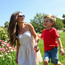 A warm and affectionate scene depicting a mother and son enjoying a sunny day at the park