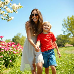 A warm and affectionate scene depicting a mother and son enjoying a sunny day at the park