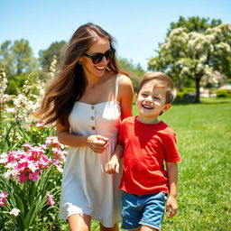 A warm and affectionate scene depicting a mother and son enjoying a sunny day at the park