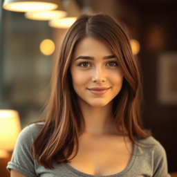 A portrait of a woman in her early 20s with brown hair, styled neatly, featuring an oval face with gentle features and average looks