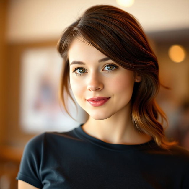 A portrait of a woman in her early 20s with brown hair, styled neatly, featuring an oval face with gentle features and average looks