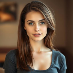 A portrait of a woman in her early 20s with brown hair, styled neatly, featuring an oval face with gentle features and average looks