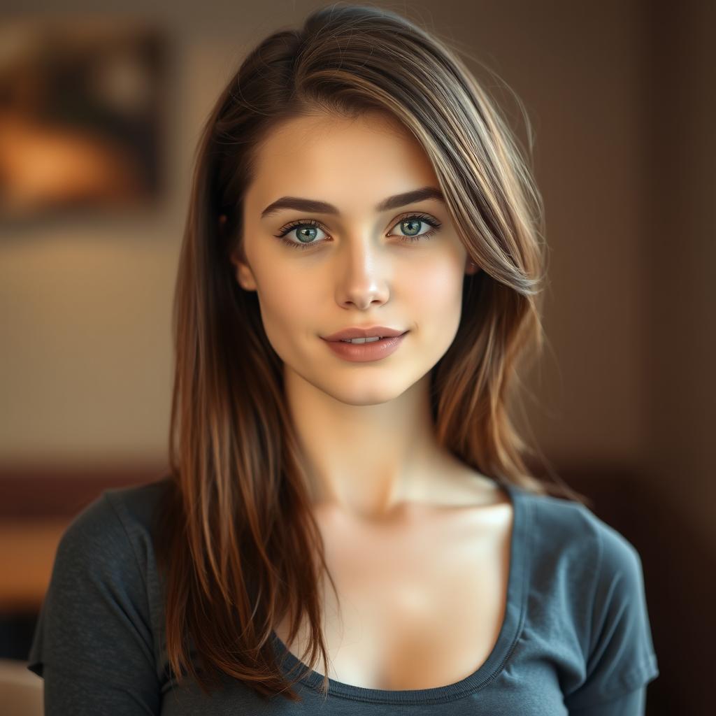 A portrait of a woman in her early 20s with brown hair, styled neatly, featuring an oval face with gentle features and average looks