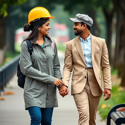 A couple of Sri Lankans, the engineering girl and the doctor boy, walking forward on a bench while looking at each other