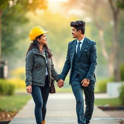 A couple of Sri Lankans, the engineering girl and the doctor boy, walking forward on a bench while looking at each other