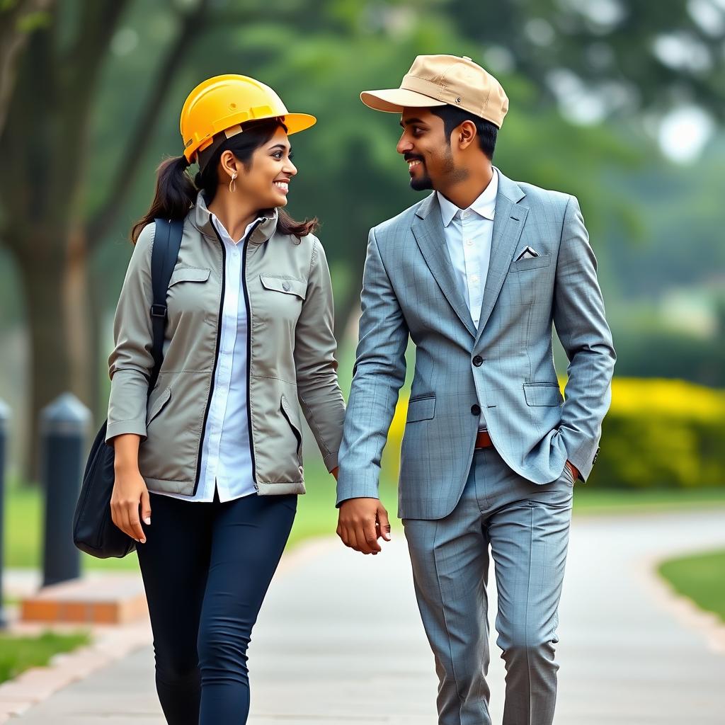 A couple of Sri Lankans, the engineering girl and the doctor boy, walking forward on a bench while looking at each other