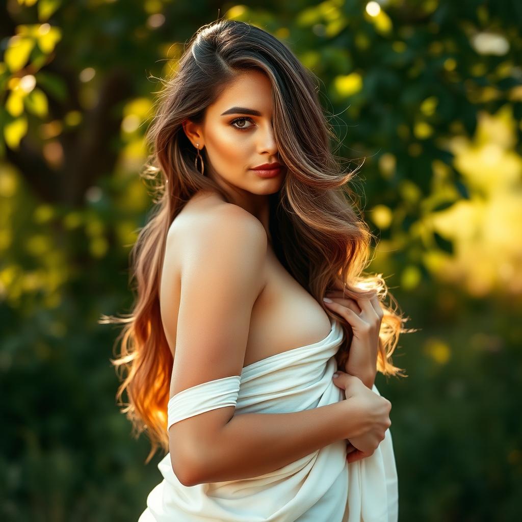 A tasteful yet alluring portrait of a confident and beautiful woman in a serene natural setting