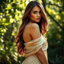 A tasteful yet alluring portrait of a confident and beautiful woman in a serene natural setting