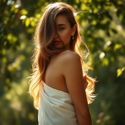 A tasteful yet alluring portrait of a confident and beautiful woman in a serene natural setting