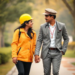 A couple of Sri Lankans, the engineering girl and the doctor boy, walking forward on a bench while gazing into each other's eyes