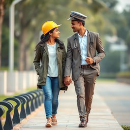 A couple of Sri Lankans, the engineering girl and the doctor boy, walking forward on a bench while gazing into each other's eyes