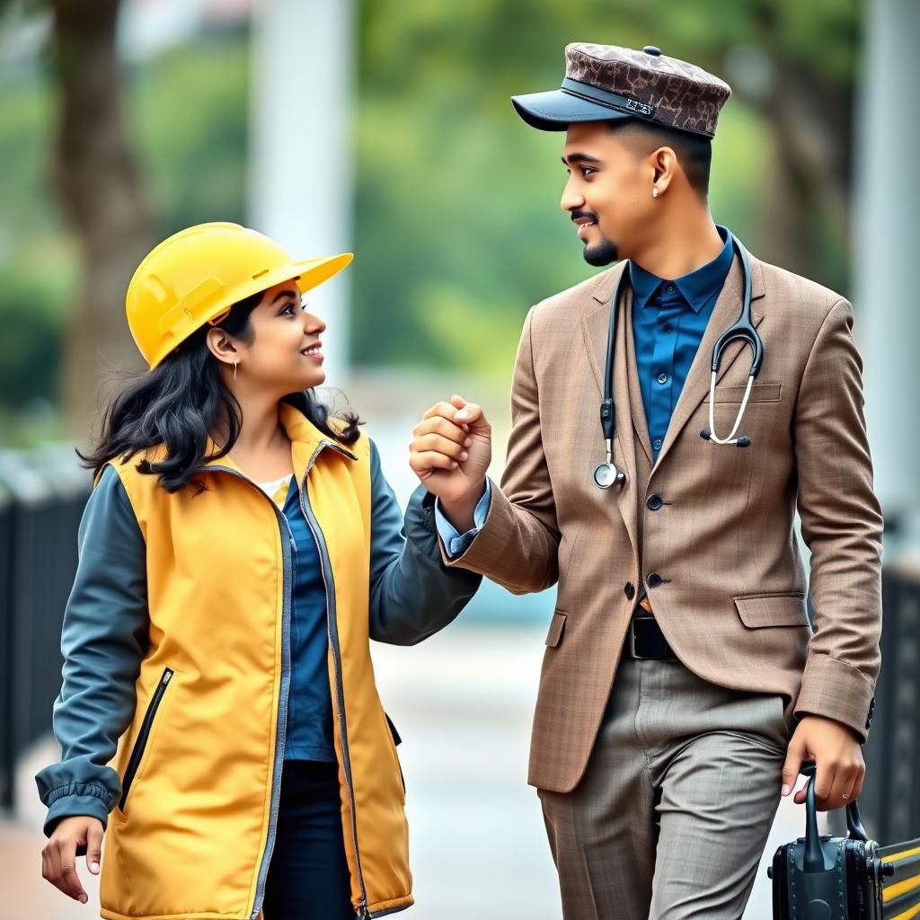 A couple of Sri Lankans, the engineering girl and the doctor boy, walking forward on a bench while gazing into each other's eyes