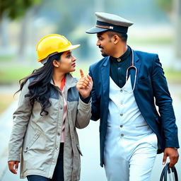A couple of Sri Lankans, the engineering girl and the doctor boy, walking forward on a bench while gazing into each other's eyes