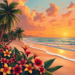 An evocative and beautifully painted landscape featuring a serene beach at sunset, soft waves gently lapping at the shore, and a warm orange-pink sky with scattered clouds reflecting the sunlight