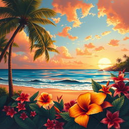 An evocative and beautifully painted landscape featuring a serene beach at sunset, soft waves gently lapping at the shore, and a warm orange-pink sky with scattered clouds reflecting the sunlight