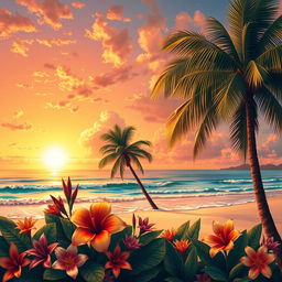 An evocative and beautifully painted landscape featuring a serene beach at sunset, soft waves gently lapping at the shore, and a warm orange-pink sky with scattered clouds reflecting the sunlight