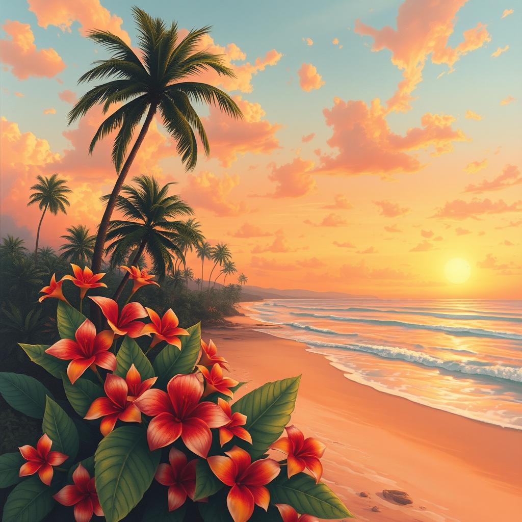 An evocative and beautifully painted landscape featuring a serene beach at sunset, soft waves gently lapping at the shore, and a warm orange-pink sky with scattered clouds reflecting the sunlight