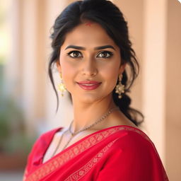 A beautiful woman wearing a traditional red saree, facing straight ahead with her facial expression calm and serene