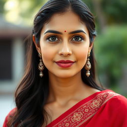 A beautiful woman wearing a traditional red saree, facing straight ahead with her facial expression calm and serene