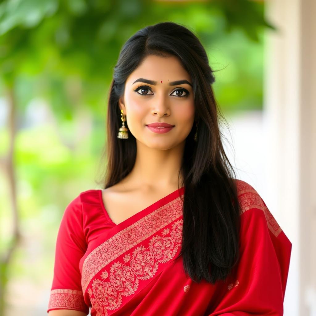 A beautiful woman wearing a traditional red saree, facing straight ahead with her facial expression calm and serene