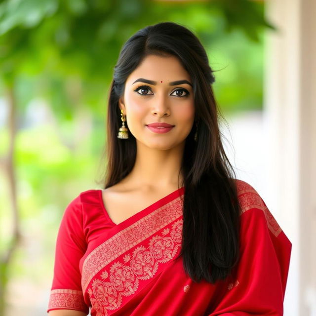 A beautiful woman wearing a traditional red saree, facing straight ahead with her facial expression calm and serene