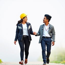 A couple of Sri Lankans, the engineering girl and the doctor boy, walking forward on a bench while gazing affectionately at each other