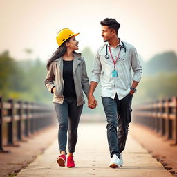 A couple of Sri Lankans, the engineering girl and the doctor boy, walking forward on a bench while gazing affectionately at each other