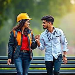 A couple of Sri Lankans, the engineering girl and the doctor boy, walking forward on a bench while gazing affectionately at each other