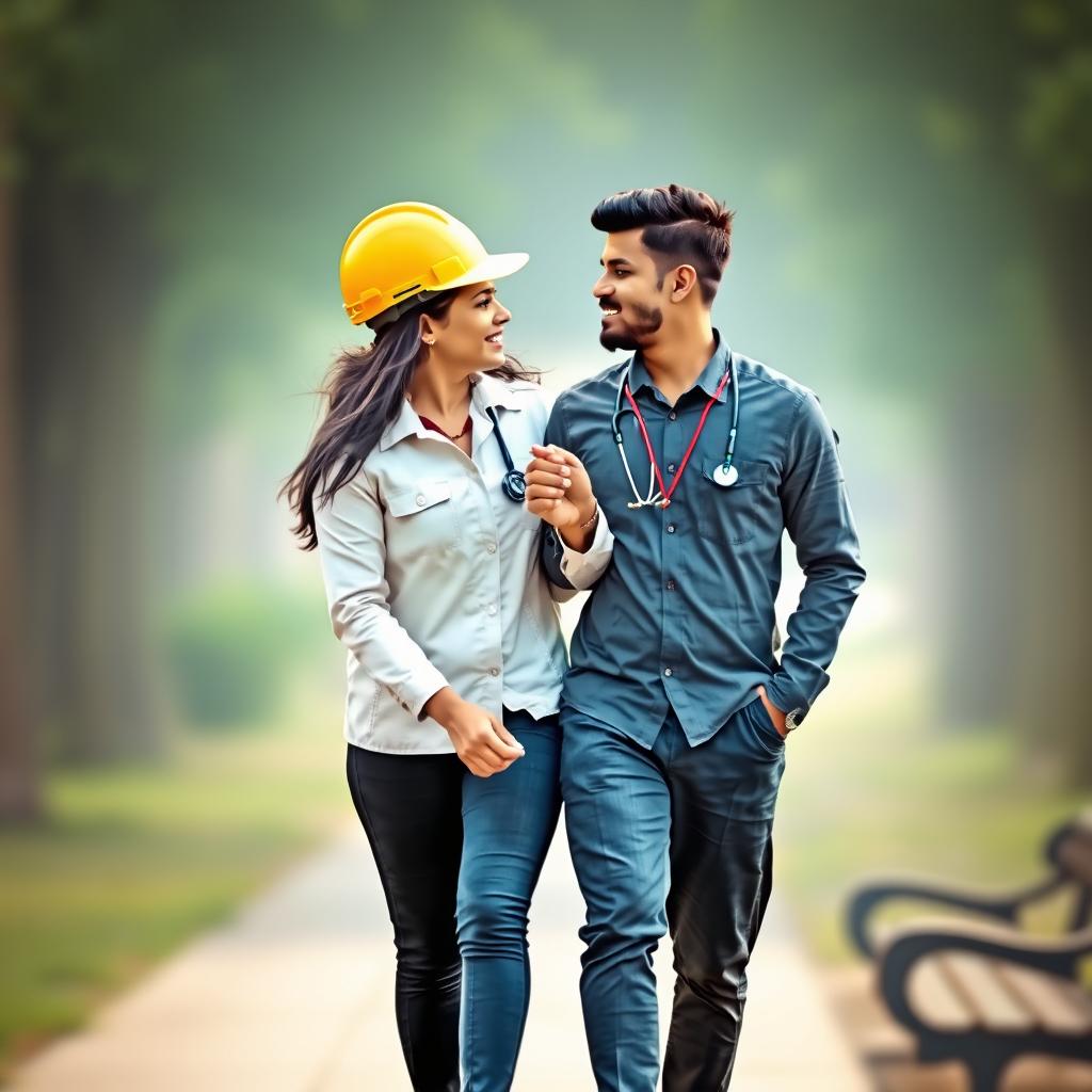 A couple of Sri Lankans, the engineering girl and the doctor boy, walking forward on a bench while gazing affectionately at each other