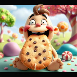 An imaginative scene depicting a whimsical character with a large biscuit as their tongue, sitting in a playful and colorful environment