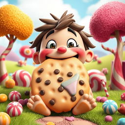 An imaginative scene depicting a whimsical character with a large biscuit as their tongue, sitting in a playful and colorful environment