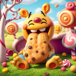 An imaginative scene depicting a whimsical character with a large biscuit as their tongue, sitting in a playful and colorful environment