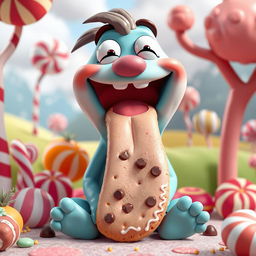 An imaginative scene depicting a whimsical character with a large biscuit as their tongue, sitting in a playful and colorful environment