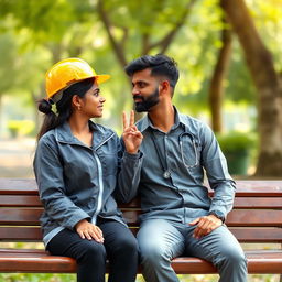 A romantic scene featuring a Sri Lankan couple sitting on a bench, looking deeply into each other's eyes