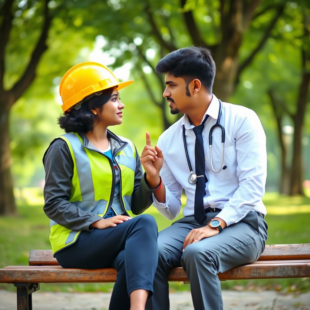 A romantic scene featuring a Sri Lankan couple sitting on a bench, looking deeply into each other's eyes