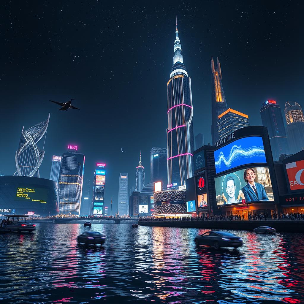 A futuristic city skyline at night, featuring glowing skyscrapers with intricate architecture, vibrant neon lights reflecting on the water, flying cars zipping through the air, and a clear starry sky overhead