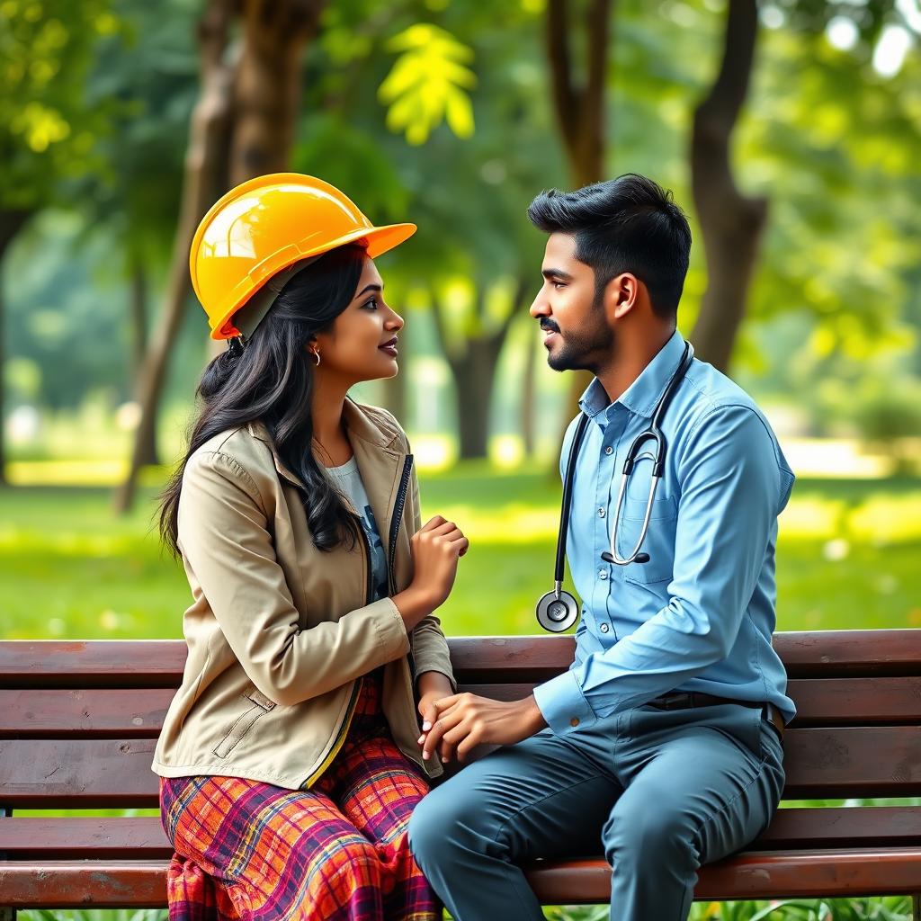 A romantic scene featuring a slim and cute Sri Lankan couple sitting on a bench, gazing into each other's eyes
