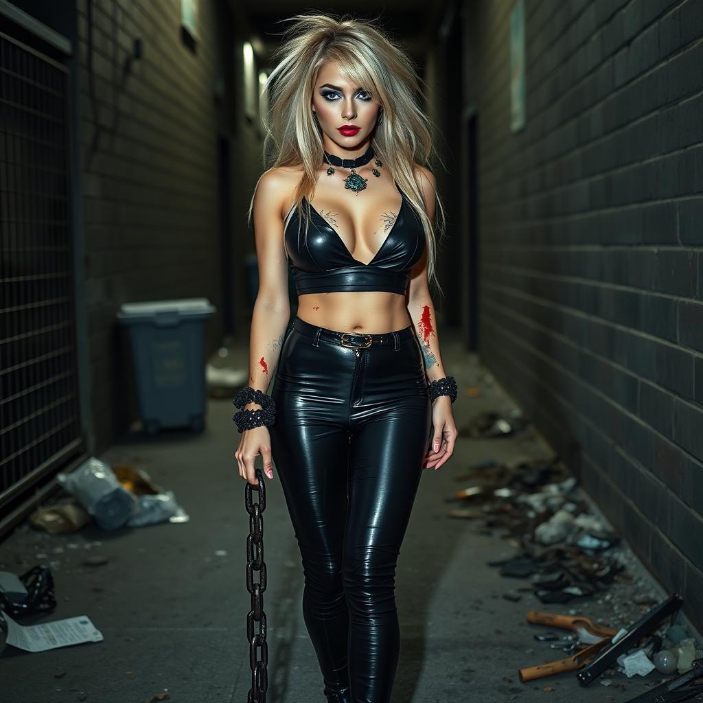 A full length, head to toe photograph of a sexy, beautiful, thin-faced, curvy 18-year-old woman with very thick, long, messy dirty blond hair and striking crystal blue eyes