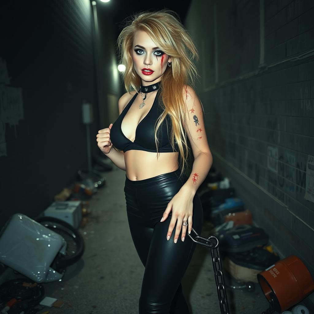 A full length, head to toe photograph of a sexy, beautiful, thin-faced, curvy 18-year-old woman with very thick, long, messy dirty blond hair and striking crystal blue eyes