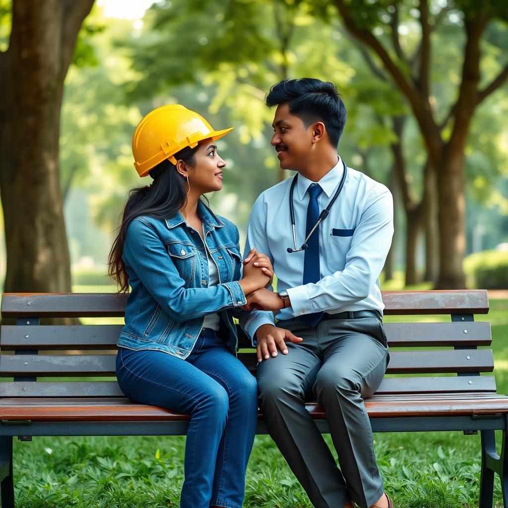 A charming scene of a Sri Lankan couple sitting on a bench, locked in a tender gaze