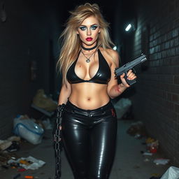 A full length, head to toe photograph of a sexy, beautiful, thin-faced, curvy 18-year-old woman with very thick, long, messy dirty blond hair and striking crystal blue eyes