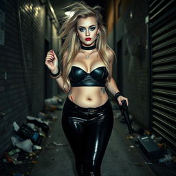 A full length, head to toe photograph of a sexy, beautiful, thin-faced, curvy 18-year-old woman with very thick, long, messy dirty blond hair and striking crystal blue eyes