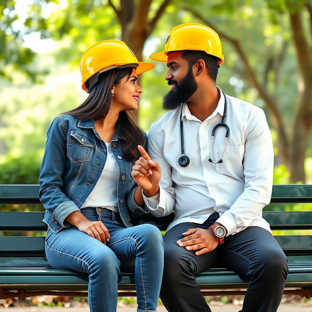 A romantic scene featuring a slim and cute Sri Lankan couple sitting on a bench, gazing into each other's eyes