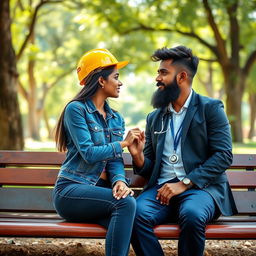 A romantic scene featuring a slim and cute Sri Lankan couple sitting on a bench, gazing into each other's eyes